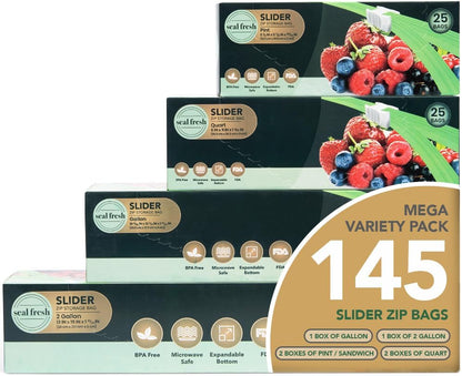Seal Fresh Slider Storage Bags Variety Pack 145 Count — Pint, Quart, Gallon, 2 Gallon Sizes — Expandable Bottom, BPA Free, Microwave Safe, Freezer Safe