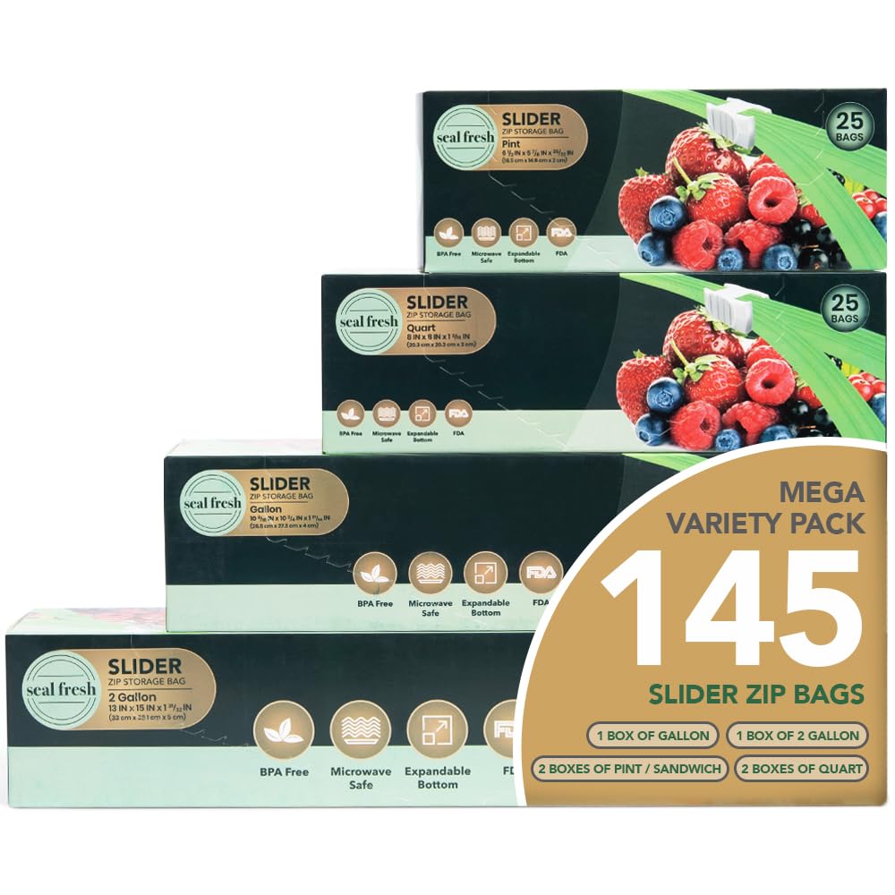 Seal Fresh Slider Storage Bags Variety Pack 145 Count — Pint, Quart, Gallon, 2 Gallon Sizes — Expandable Bottom, BPA Free, Microwave Safe, Freezer Safe