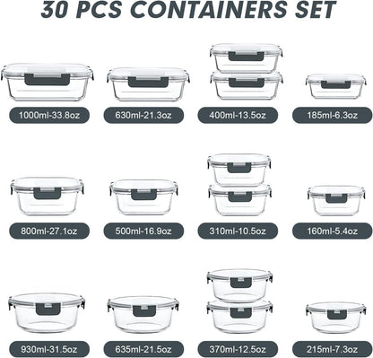 VERONES 30 Pieces Glass Food Storage Containers Set with Lids, Grey