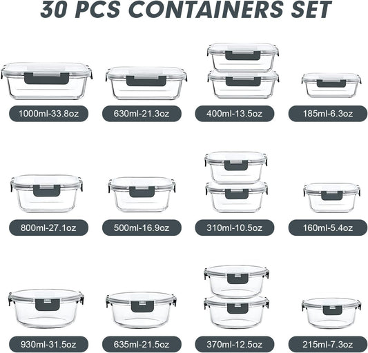 VERONES 30 Pieces Glass Food Storage Containers Set with Lids, Grey