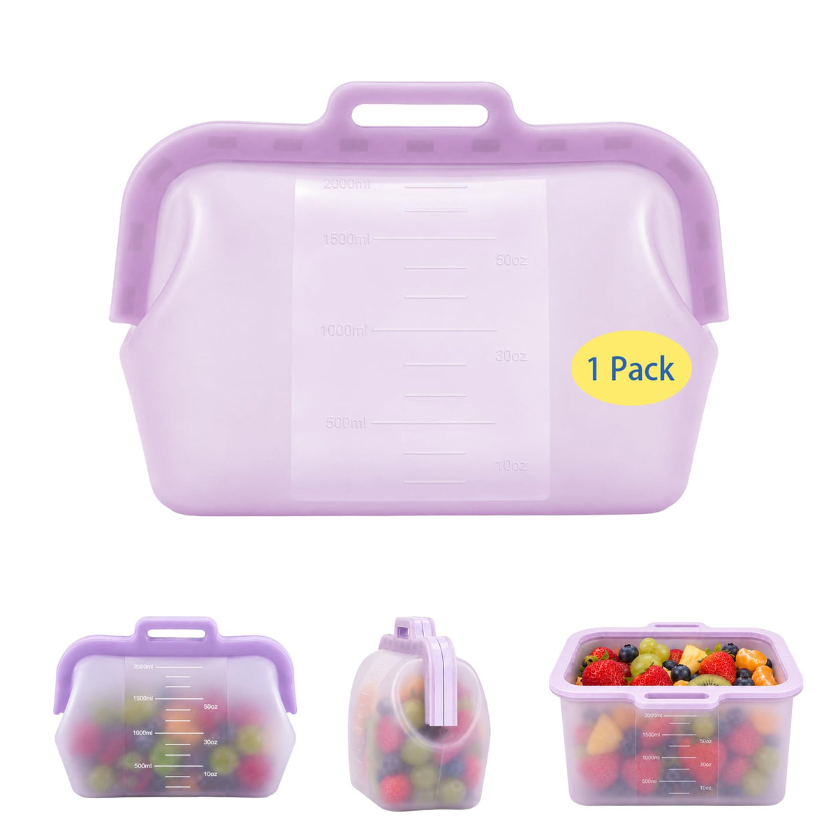 3 Pack Magnetic Seal Reusable Silicone Food Storage Bags, 68 fl oz, NUZEAK