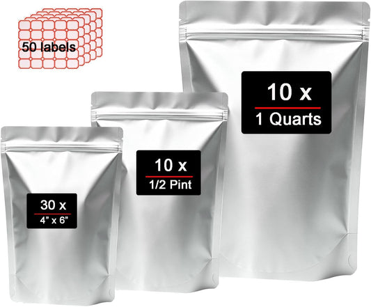 50 PCS 1 Quart Mylar Bags for Food Storage, Resealable Food Bags