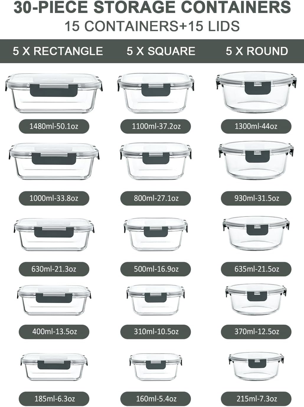 M MCIRCO 30 Piece Extra Large Glass Food Storage Containers with Lids,Gray