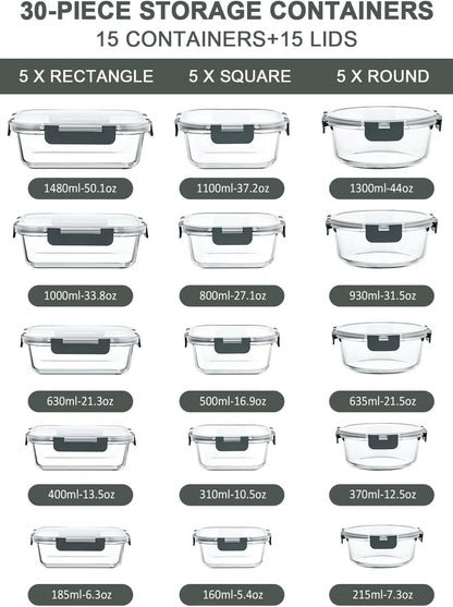 M MCIRCO 30 Piece Extra Large Glass Food Storage Containers with Lids,Gray
