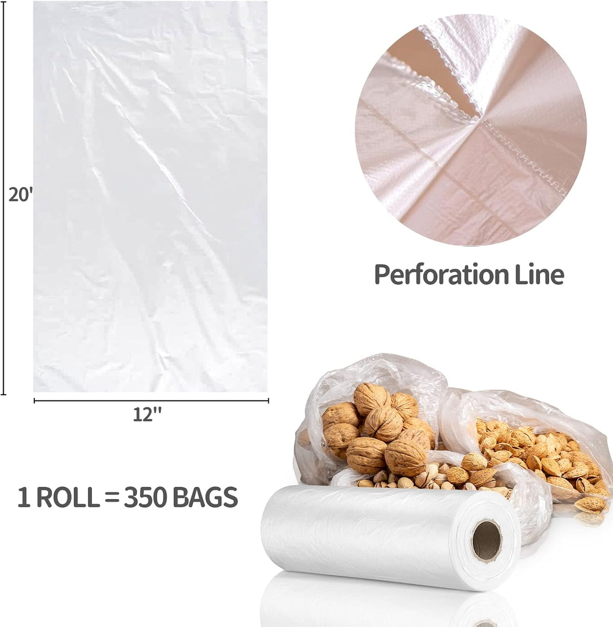 12” x 20” Plastic Produce Bags, Food Storage Bags 350pcs on a Roll
