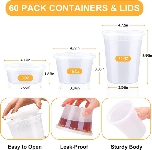 BYSNOW 60 Sets Deli Containers with Lids - 32/16/8 oz, 20 of Each Size