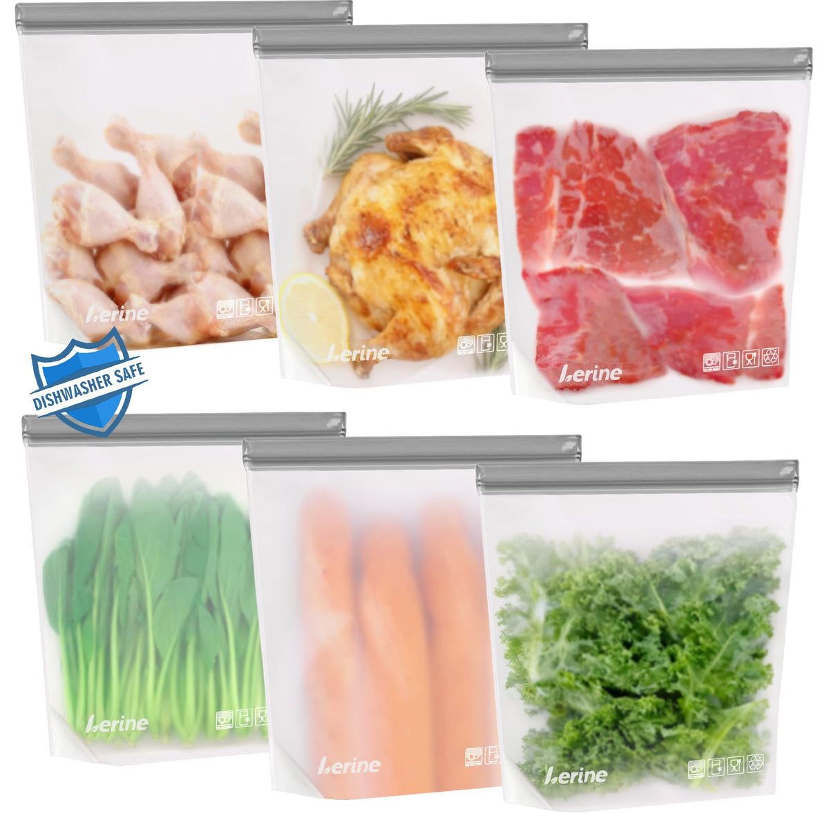 Lerine Stand Up Reusable Freezer Bags Dishwasher Safe, 10 Pack, Muliticolor