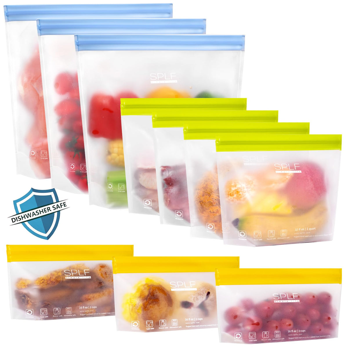 SPLF 10 Pack Stand-Up Reusable Quart Freezer Bags Dishwasher Safe