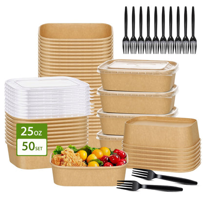 50 Disposable Meal Prep Containers 29oz Kraft Paper Bowls with Lids & Forks