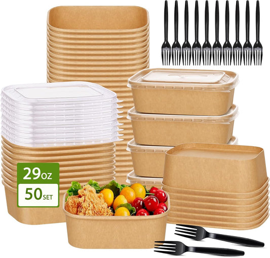 50 Disposable Meal Prep Containers 29oz Kraft Paper Bowls with Lids & Forks