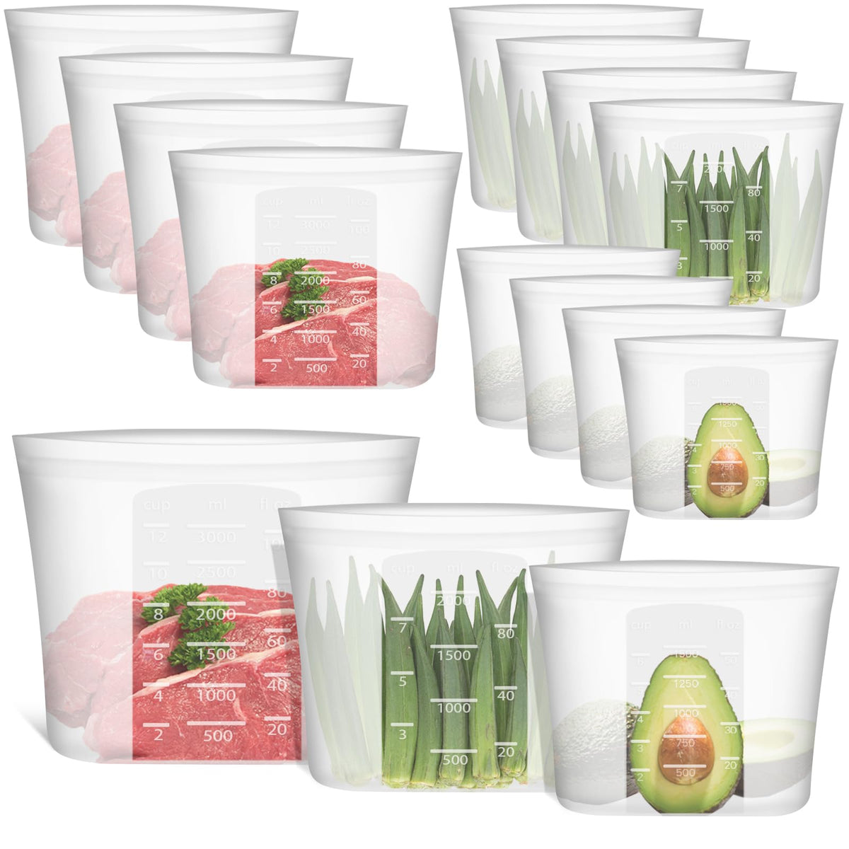Reusable Food Bags, 12 Pack 100% Silicone Food Storage Bags Stand Up Zip Lock Container, Freezer Microwave Oven Dishwasher Safe, 4 Medium 4 Small 4 Extra Small, Aqua