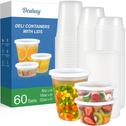 Dealusy 60 Set Deli Containers with Lids, 32/16/8 oz X 20 Set Each
