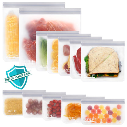 SPLF 12 Pack Dishwasher Safe Reusable Freezer Bags, Multicolor