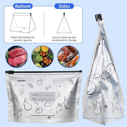30 Pcs Reusable Aluminum Foil Sealable Storage Bags, 3 Sizes Reusable Freezer Bags, Thicken Stand Up Zipper Aluminum Foil Bags with Label for Food Meat Seafood Vegetables (S+M+L)