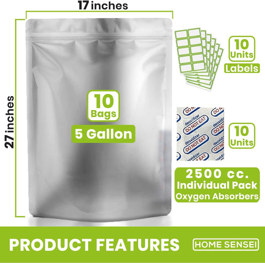 10pcs 5 Gallon Mylar Bags for Food Storage - 10 Mil Thick - Extra large bags 5 Gallon with Oxygen Absorbers 2500cc - Zipper Resealable Milar Bags - Bolsas Mylar 5 Galones