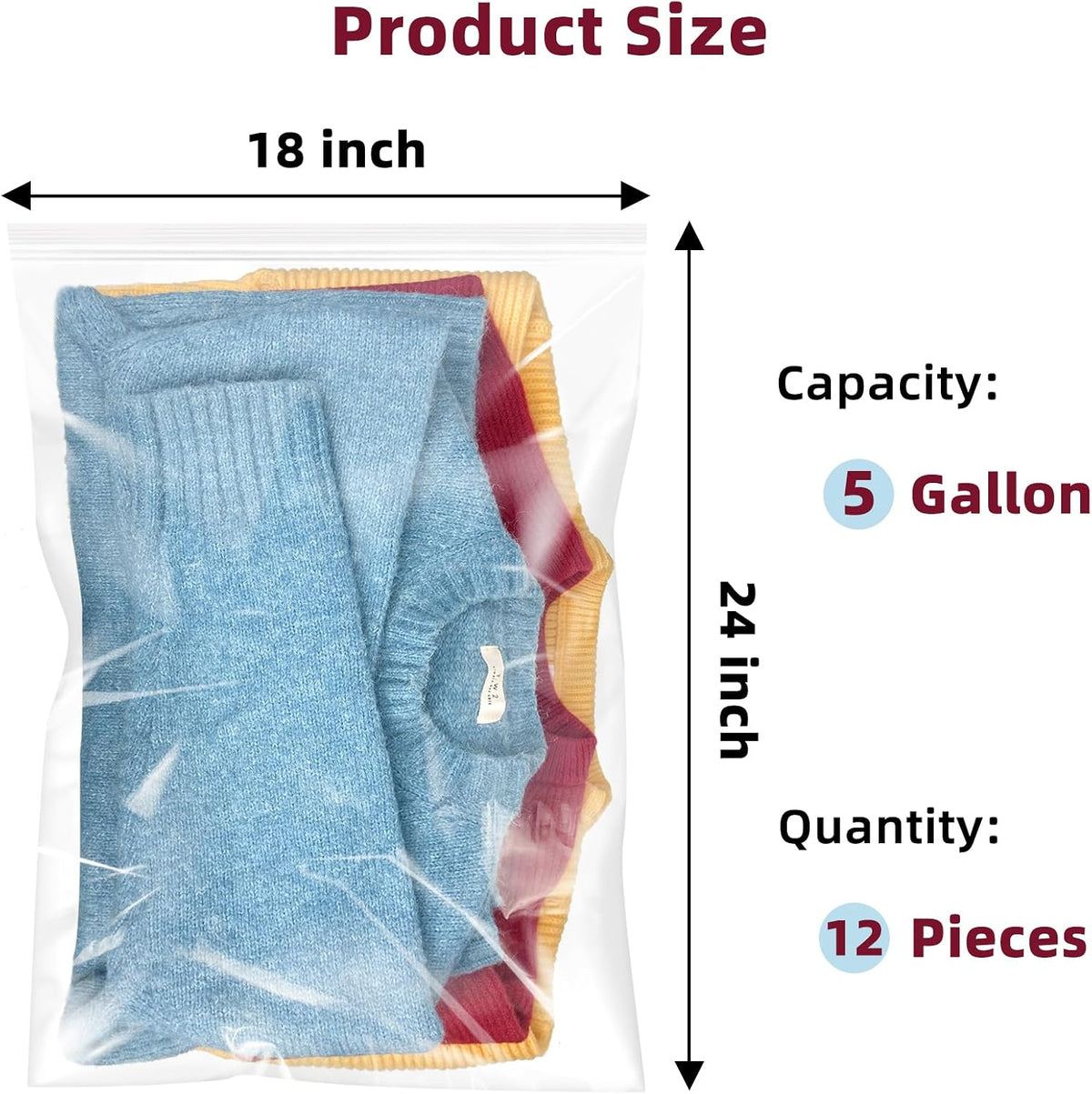 Yotelab Large 5 Gallon Plastic Zipper Storage Bags, 18x24 Inch, 12Pcs