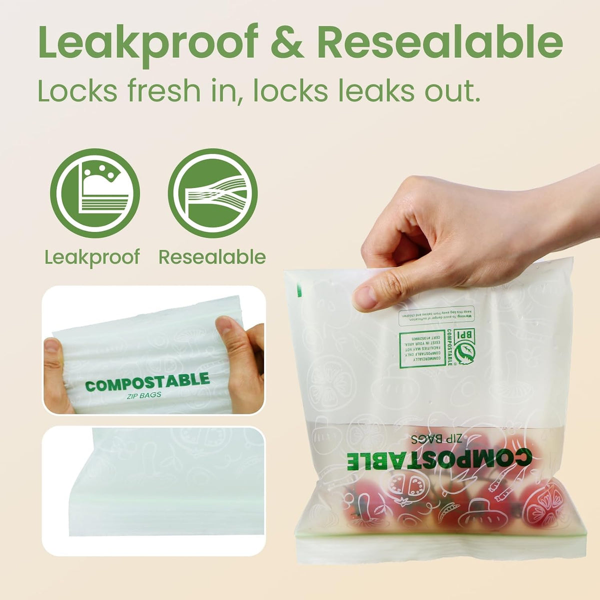 Compostable Gallon Size Food Storage Bags (25 Eco Zip) Freezer and Leak Proof, Also Available Quart, Snack and Sandwich Bags