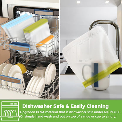 SPLF 12 Pack Dishwasher Safe Reusable Freezer Bags, Multicolor