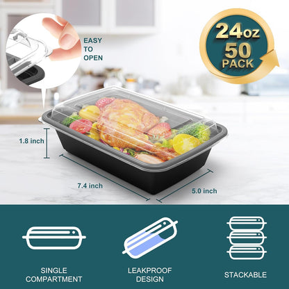Meal Prep Containers, 50 Pack Extra-thick Food Storage Containers with Lids, Disposable & Reusable Plastic Bento Lunch Box, BPA Free, Stackable, Microwave/Dishwasher/Freezer Safe (24 oz)