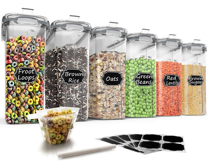 Wildone Cereal Storage Containers Set, Large BPA Free Plastic Airtight Food Storage Containers 4L for Flour, Sugar, 6 Piece Set Cereal Dispensers with 20 Labels & Marker, Black