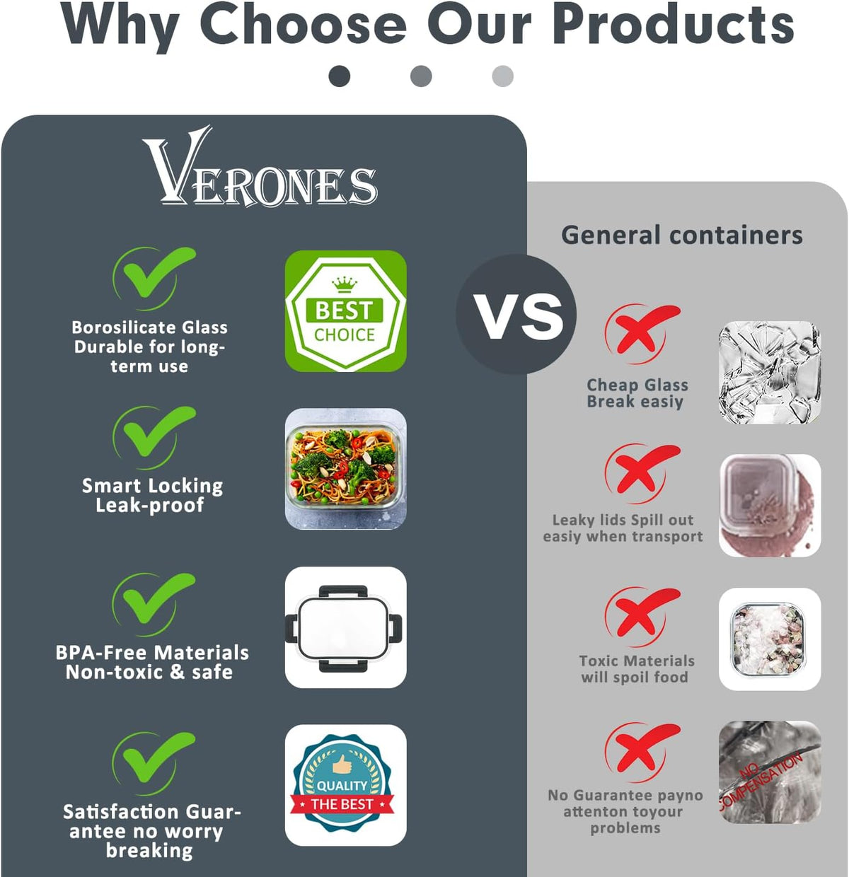 VERONES 30 Pieces Glass Food Storage Containers Set with Lids, Grey