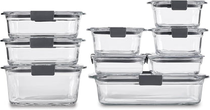 Rubbermaid Brilliance Glass Food Storage Containers, Assorted Sizes, Set of 9, BPA-Free, Leak-Proof, Clear