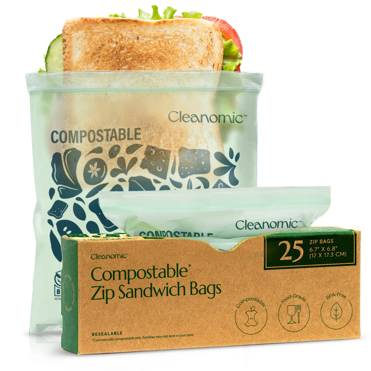 Cleanomic Compostable* Gallon Size Food Storage Bags (25 Eco Zip) Freezer and Leak Proof, Also Available Quart, Snack and Sandwich Bags