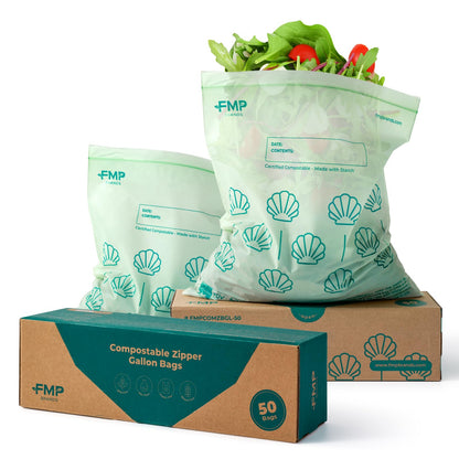Fit Meal Prep 50 Pack 100% Compostable Food Storage Bags, 7 x 8" Resealable Freezer Bags Quart Size for Meat, Fruits, Plant-Based Sandwich Bag, ASTM D6400, US BPI & EU OK Compost Certified