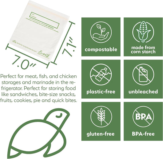 100% Compostable Food Storage Bags [Quart 100 Pack] Eco-Friendly Freezer Bags, Resealable Bags, Heavy-Duty, Reusable, Off-White by Earth's Natural Alternative