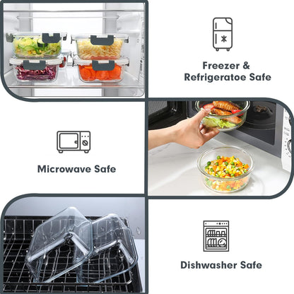 VERONES 30 Pieces Glass Food Storage Containers Set with Lids, Grey
