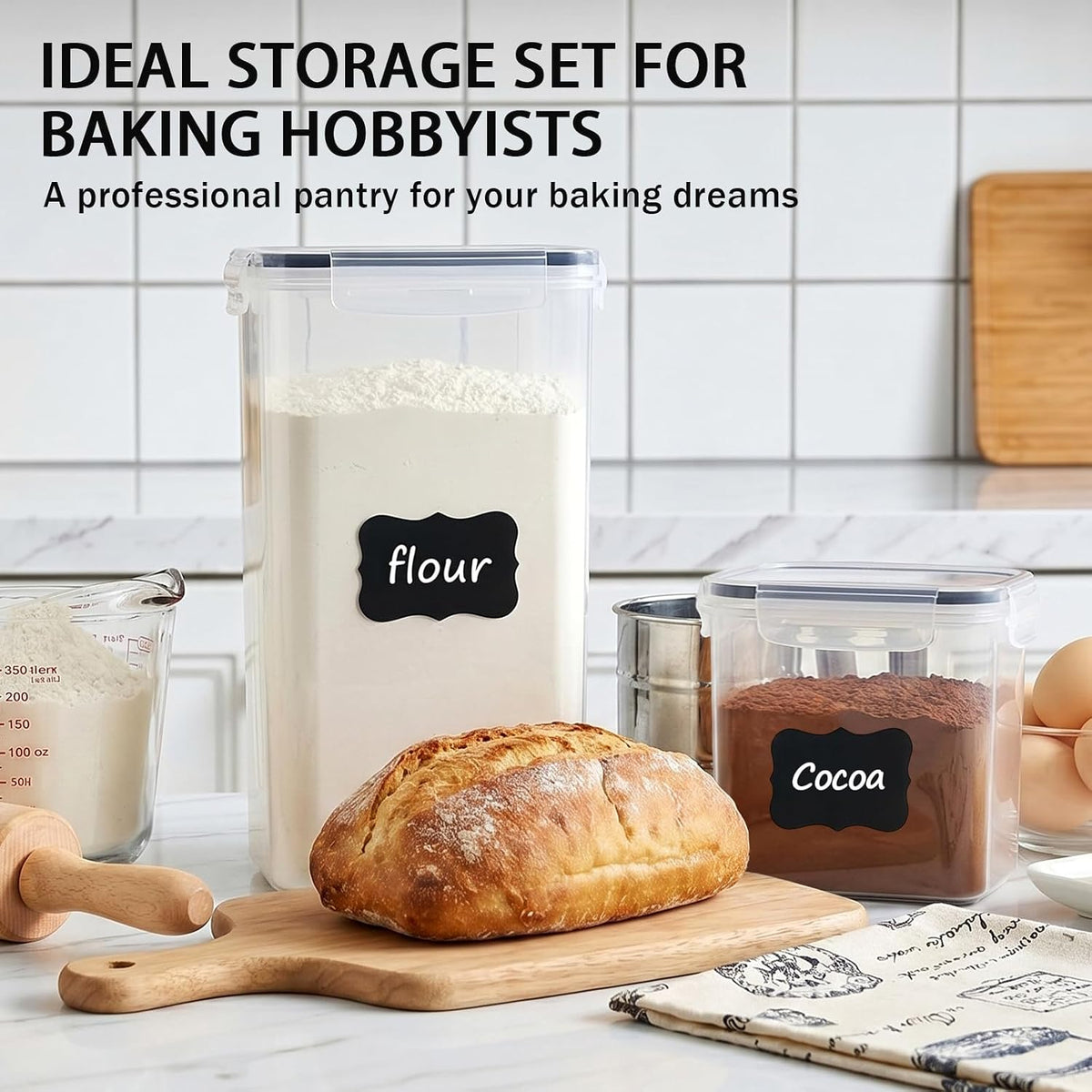 24 PCS Airtight Food Storage Containers with Lids, Plastic Kitchen and Organization Canisters for Cereal, Dry Food, Flour and Sugar, BPA-Free, PVC-Free, Includes 24 Black Labels & Marker