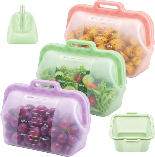 3 Pack Magnetic Seal Reusable Silicone Food Storage Bags, 68 fl oz, NUZEAK