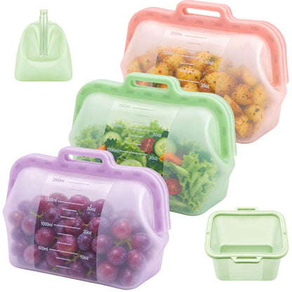 3 Pack Magnetic Seal Reusable Silicone Food Storage Bags, 68 fl oz, NUZEAK