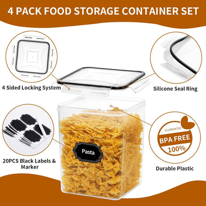 HKJ Chef 4 Pack Large Airtight Food Storage Containers with Lids (5.2L / 176oz), BPA Free Plastic Kitchen and Pantry Organization Contianers for Cereal Flour and Sugar Storage, Labels & Marker