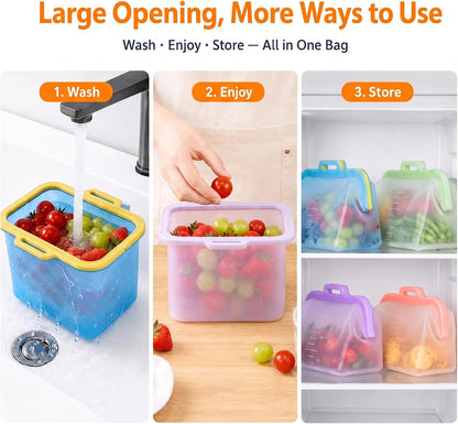3 Pack Magnetic Seal Reusable Silicone Food Storage Bags, 68 fl oz, NUZEAK