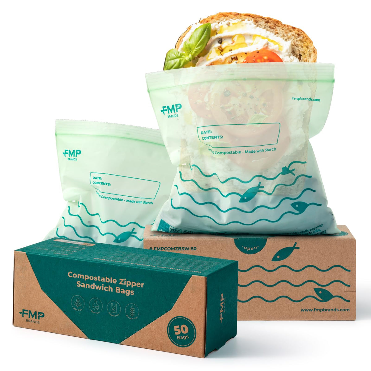 Fit Meal Prep 50 Pack 100% Compostable Food Storage Bags, 7 x 8" Resealable Freezer Bags Quart Size for Meat, Fruits, Plant-Based Sandwich Bag, ASTM D6400, US BPI & EU OK Compost Certified