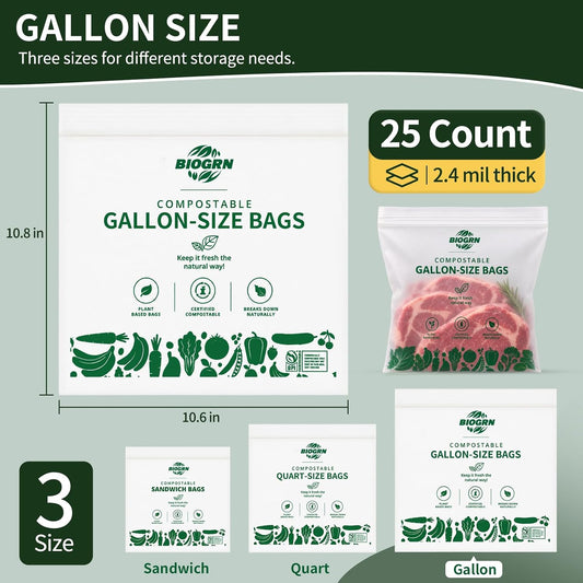 Compostable Gallon-Size Freezer Bags, 25 Count, 2.4 Mil, Extra Thick