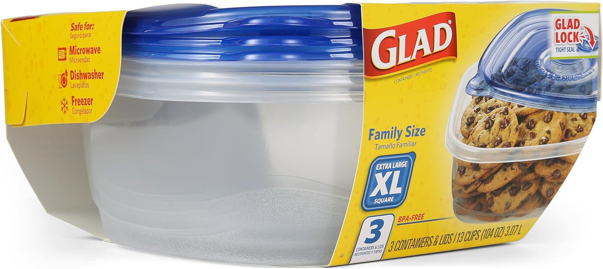Glad GladWare XL Square Food Storage Containers, 104 Oz, 3 Count