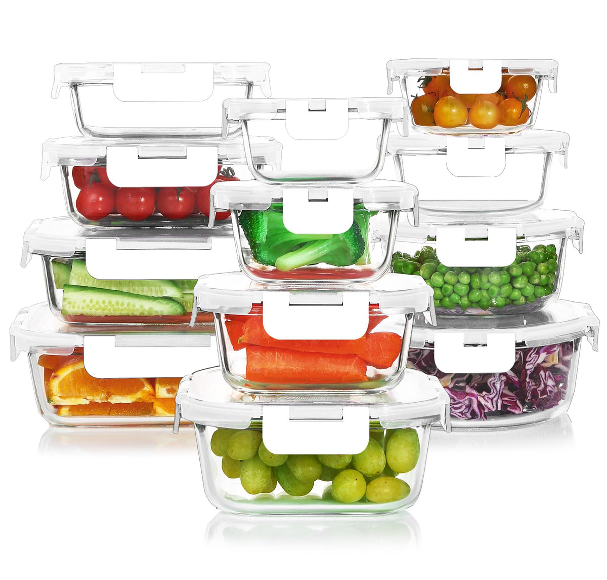 KOMUEE 30 Pieces Glass Food Storage Containers Set with Lids, Gray
