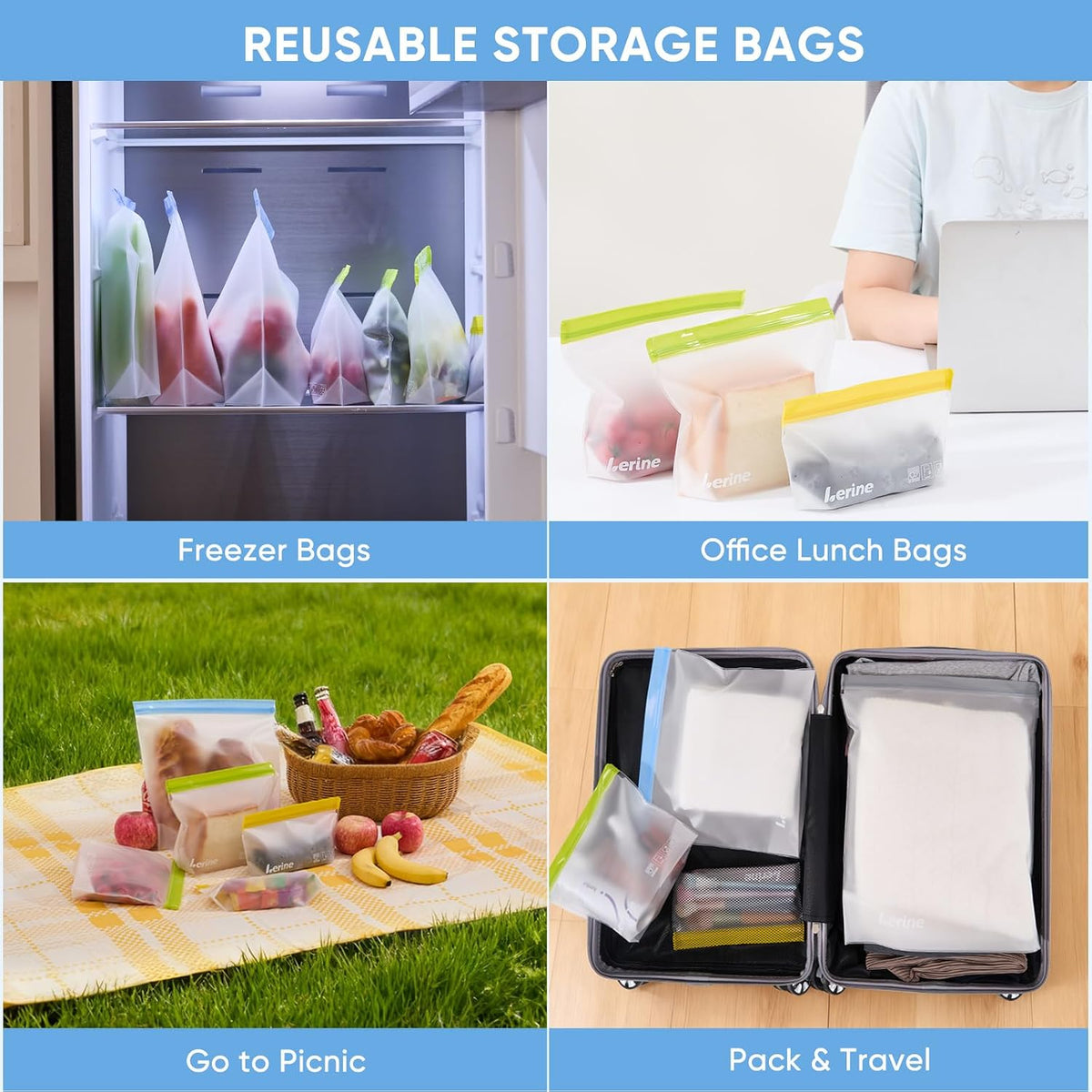 Lerine Stand Up Reusable Freezer Bags Dishwasher Safe, 10 Pack, Muliticolor