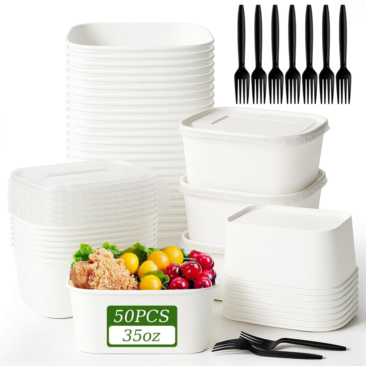 50 Disposable Meal Prep Containers 29oz Kraft Paper Bowls with Lids & Forks