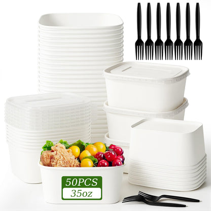 50 Disposable Meal Prep Containers 29oz Kraft Paper Bowls with Lids & Forks