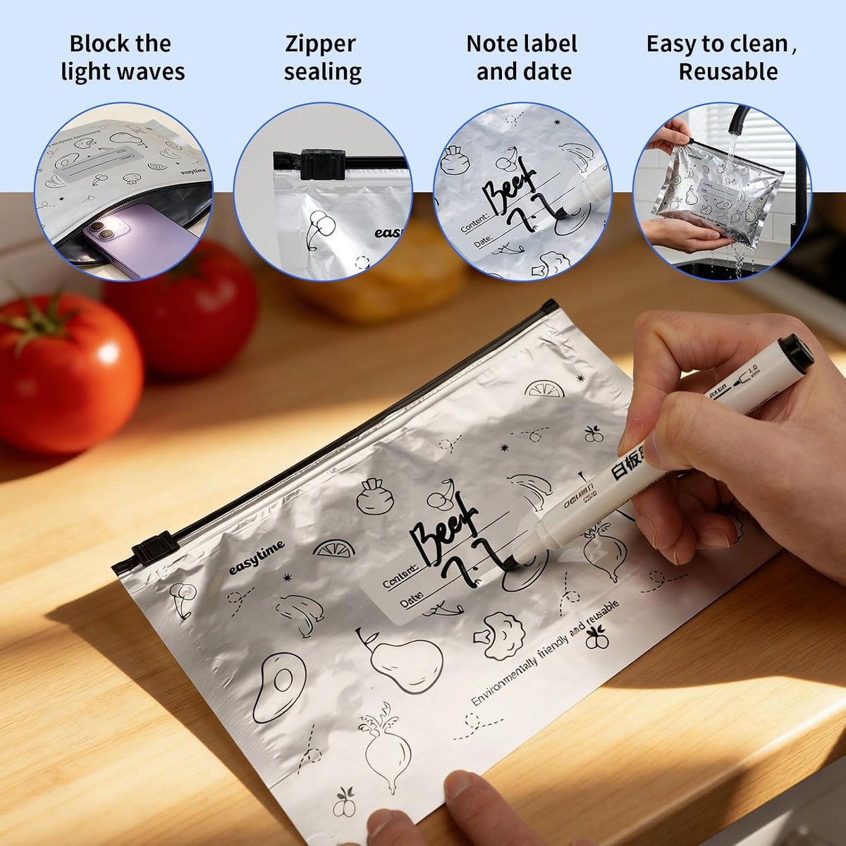 30 Pcs Reusable Aluminum Foil Sealable Storage Bags, 3 Sizes Reusable Freezer Bags, Thicken Stand Up Zipper Aluminum Foil Bags with Label for Food Meat Seafood Vegetables (S+M+L)