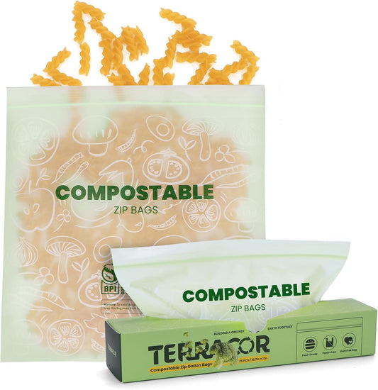 Compostable Gallon Size Food Storage Bags (25 Eco Zip) Freezer and Leak Proof, Also Available Quart, Snack and Sandwich Bags