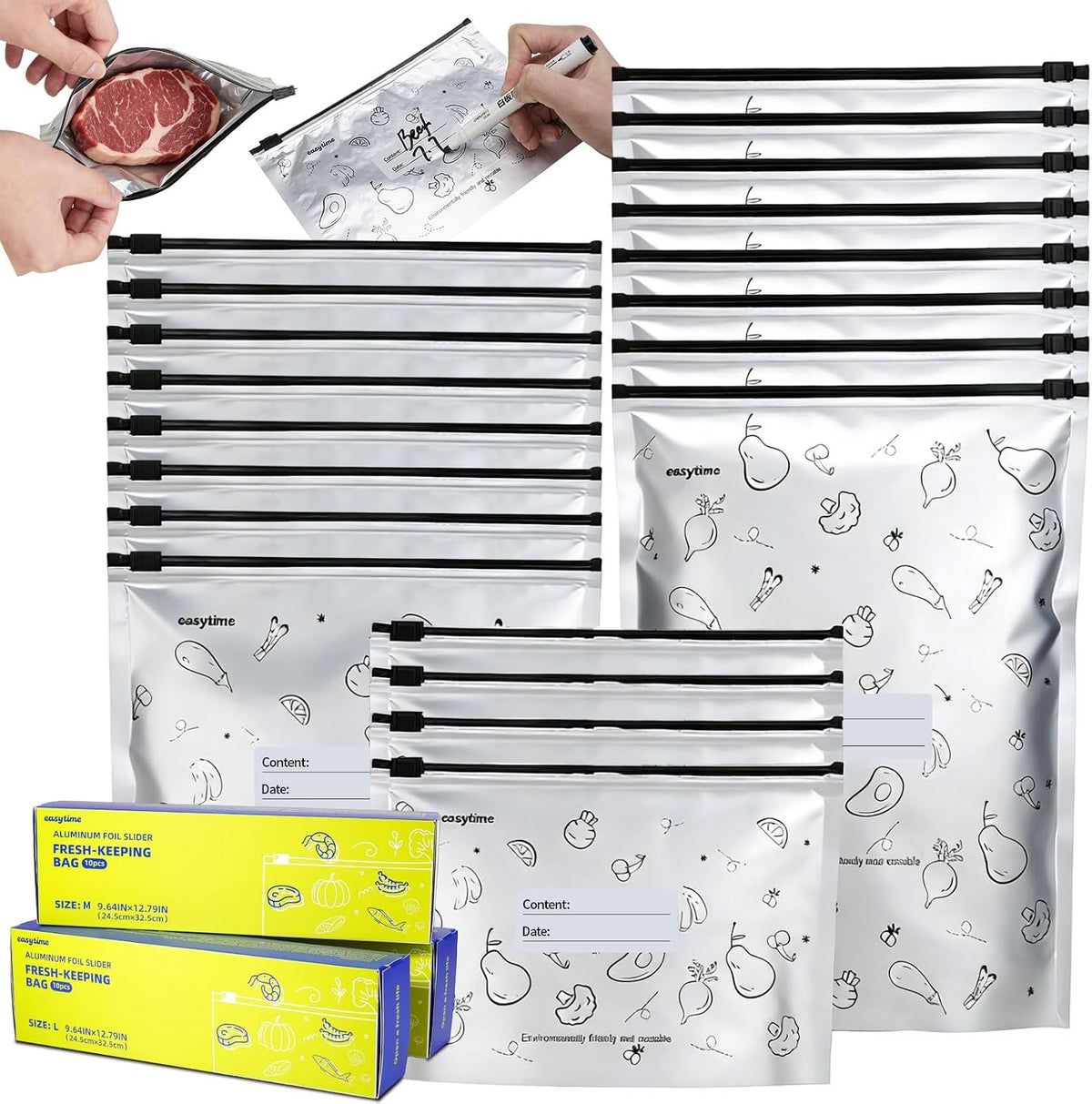 30 Pcs Reusable Aluminum Foil Sealable Storage Bags, 3 Sizes Reusable Freezer Bags, Thicken Stand Up Zipper Aluminum Foil Bags with Label for Food Meat Seafood Vegetables (S+M+L)