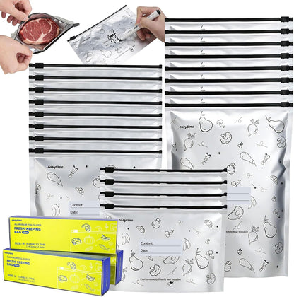 30 Pcs Reusable Aluminum Foil Sealable Storage Bags, 3 Sizes Reusable Freezer Bags, Thicken Stand Up Zipper Aluminum Foil Bags with Label for Food Meat Seafood Vegetables (S+M+L)