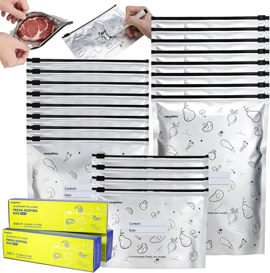 30 Pcs Reusable Aluminum Foil Sealable Storage Bags, 3 Sizes Reusable Freezer Bags, Thicken Stand Up Zipper Aluminum Foil Bags with Label for Food Meat Seafood Vegetables (S+M+L)