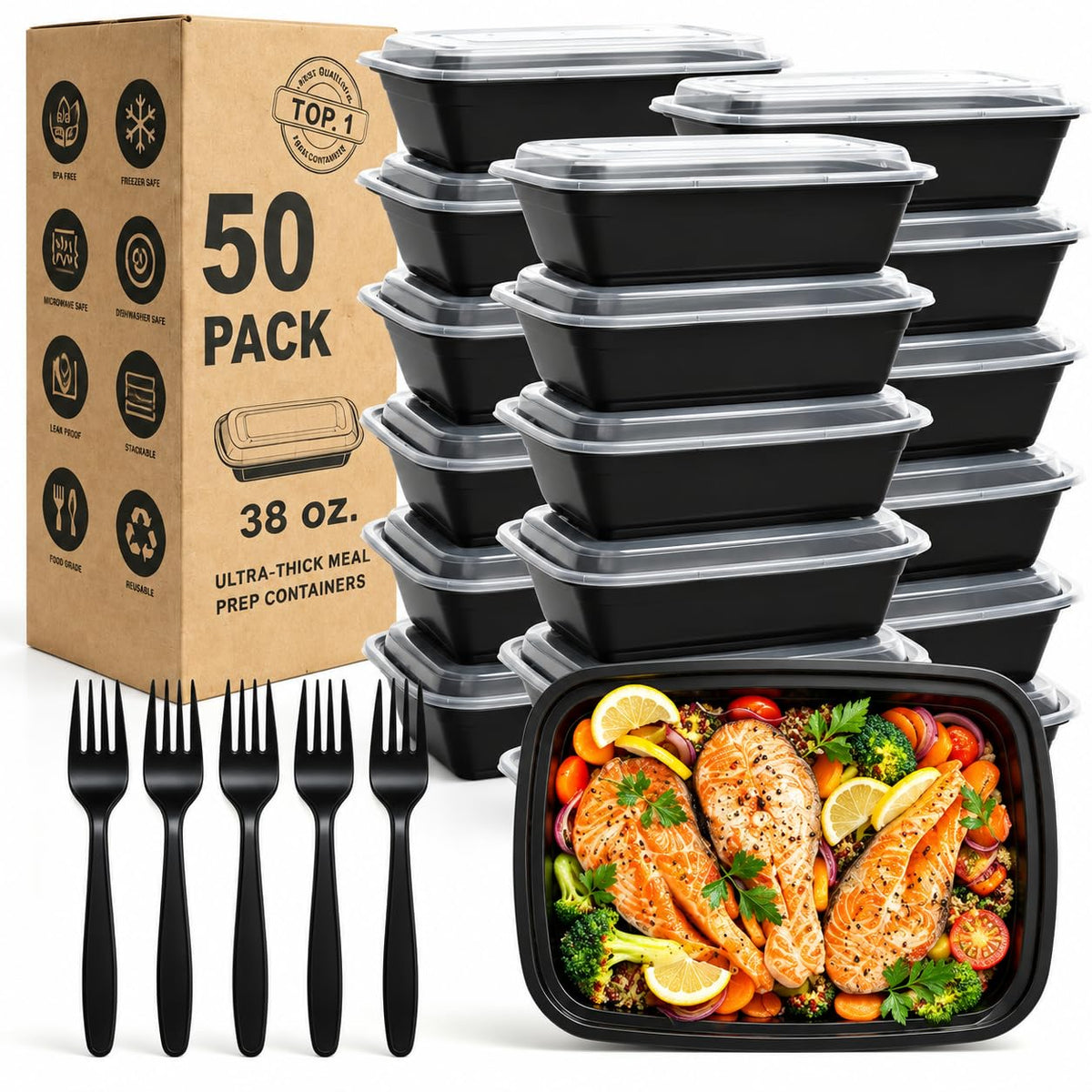 Meal Prep Containers, 50 Pack Extra-thick Food Storage Containers with Lids, Disposable & Reusable Plastic Bento Lunch Box, BPA Free, Stackable, Microwave/Dishwasher/Freezer Safe (24 oz)