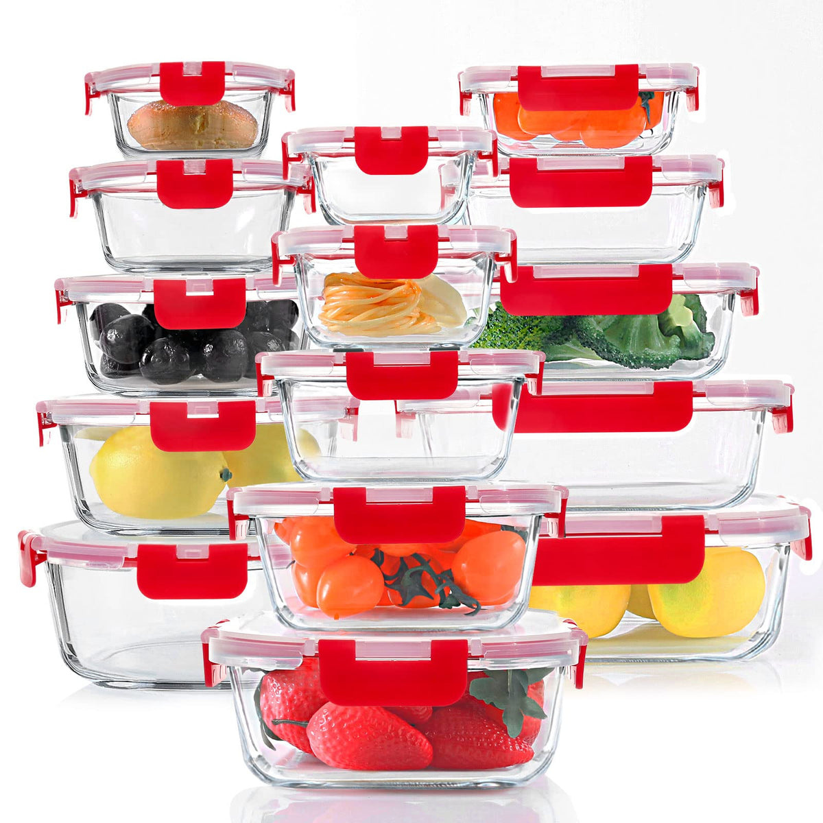 KOMUEE 30 Pieces Glass Food Storage Containers Set with Lids, Gray
