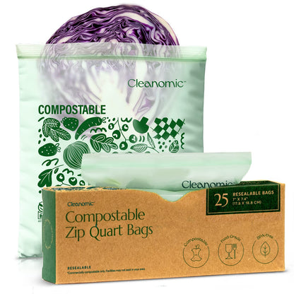 Cleanomic Compostable* Gallon Size Food Storage Bags (25 Eco Zip) Freezer and Leak Proof, Also Available Quart, Snack and Sandwich Bags